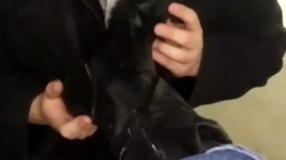 Licking mistress's feet in a school stair case