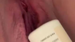 Big tit pregnant MILF inserts Bottle into pussy