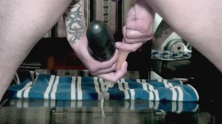 sexy playtime with 3 butt plugs and some dripping asshole on glass coffee table. HD & closeup