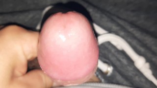 Small uncut grower not shower, precum, slow foreskin rolling close up, glistening precum play
