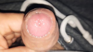Small uncut grower not shower, precum, slow foreskin rolling close up, glistening precum play