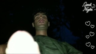 Twink cums while he is walking through night forest