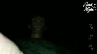 Twink cums while he is walking through night forest