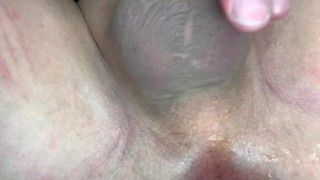 Male in lingerie playing with dildo, with creampie and cum