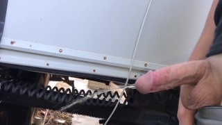 Half hard cock takes long piss 
