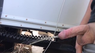 Half hard cock takes long piss 