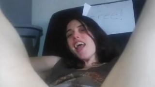Dirty Talking Hairy Pink Pussy Slut on a Free Chair Pulls up Dress & Spreads Huge Vagina Shows Clit