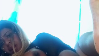 Latina ebony with blonde hair and pretty pusy plays with a dildo on bed and gets her pussy so wet