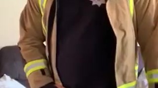 Firefighter flashes big uncut cock