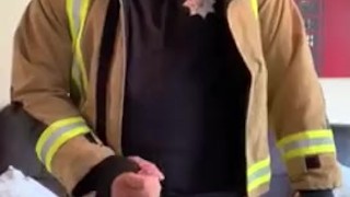 Firefighter flashes big uncut cock