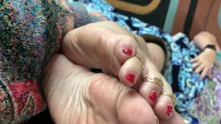 Having fun with her feet while she's working from home.