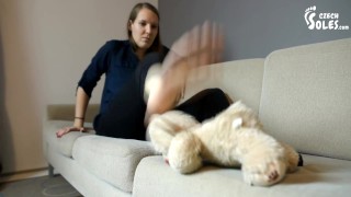 Foot smothering and trampling teddy bear (czech soles, foot domination, femdom, bare feet)