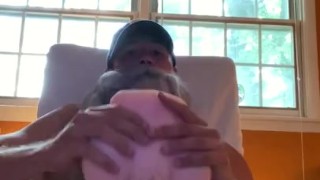 Old man Merlin discovers that fucking a fleshlight fake pussy is awesome and cums in it while moans