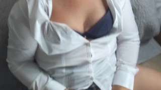 Orgasm with cum on my face. Rubbing my pussy after facial cumshot.