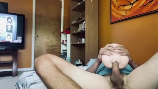 Blue shirt stud fucks tight fleshlight fake pussy and cums like an animal with moans (solo guy)