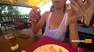 Eating burger and flashing in the cafe Transparent T-shirt No Bra (teaser) v2