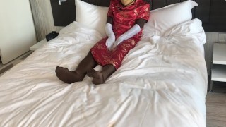 Zentai in mandarin dress with satin gloves