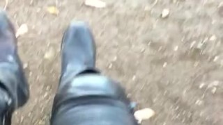 Leather pants outside .