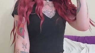 Tattooed Redhead Whore Practices Deepthroating Her Big Pink Dildo