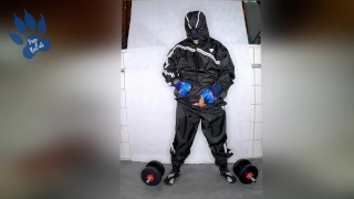 after workout paw in RDX sweatsuit and Vibram FiveFingers