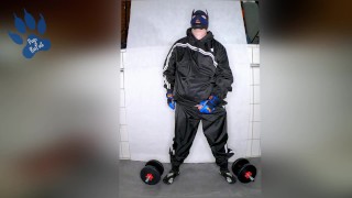 after workout paw in RDX sweatsuit and Vibram FiveFingers