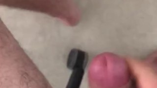 horny student jerks off at the office and cums on his leg