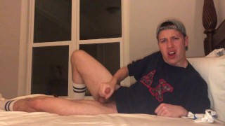 19 year old college frat boy Jesse Gold jerks of wearing jockstrap and frat shirt