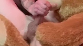 Pissing and jerking my 18 year old big dick with my teddy Bear