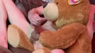 Pissing and jerking my 18 year old big dick with my teddy Bear