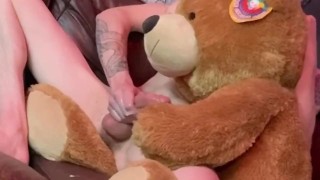 Pissing and jerking my 18 year old big dick with my teddy Bear