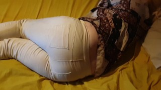 Bedwetting in pee stained white jeans. Feeling lazy and wet the bed again ;P