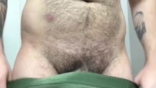 Hairy guy jerks fat cock