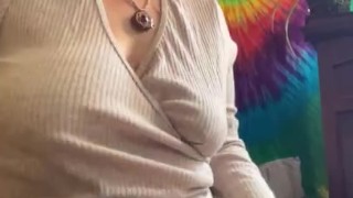 Milkymama pumps milk filled tits while rubbing hairy pussy