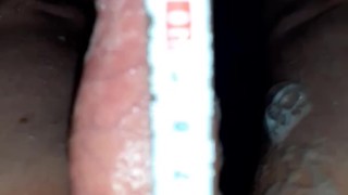 Stroking and measuring hot wet and soapy little hard dick in the shower 