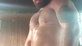 Hot Sweaty Hung Bodybuilder Flexing Naked. Sexy Musclebear Alpha 