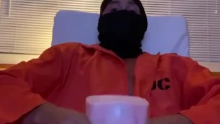 Masked Prisoner breaks into a house and fucks a fleshlight. Moans and cums inside it!