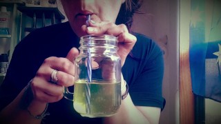 BBW Aussie piss in jar suck & blow bubbles