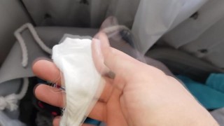 White dirty panties from laundry smell like bitter sweet