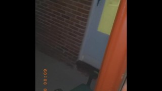 Thick white girl plays with pretty hairy pussy outside 