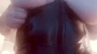 Amateur Chubby milf with big wet tits playing in latex corset with oil and message