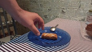 Ejaculate on a cookie and eat his own cum, enjoy breakfast!