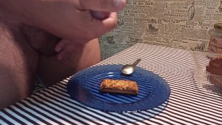 Ejaculate on a cookie and eat his own cum, enjoy breakfast!