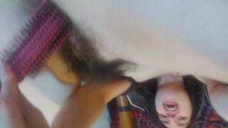 Foreign Object Insertion! Slut with a Cellphone is so Horny she Fucks her Pussy with PINK HAIR BRUSH