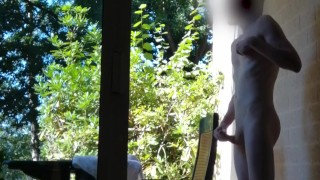 Jerking off and cumming in the common garden of a hotel