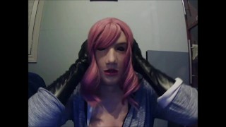 Masked in Anine female mask with pink wig and putting on black leather gloves!