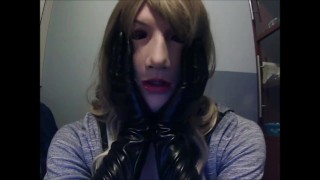 Masked in Anine female mask with pink wig and putting on black leather gloves!