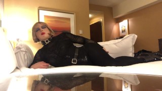 Krystal's Bedtime (female mask, crossdress, trans, mask, bodysuit, stockings, heels, posing, tease