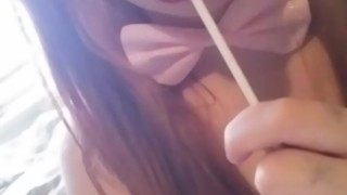 School girl teen playing with her food! Sucks and fucks her dildo hard, good girl in pigtails
