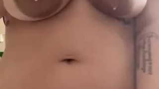 Milkymama plays with leaking engorged tits spraying milk over tummy and panties