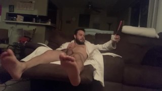 Dad finally Jerks Off after stressful day; smokes and strokes cock in his robe